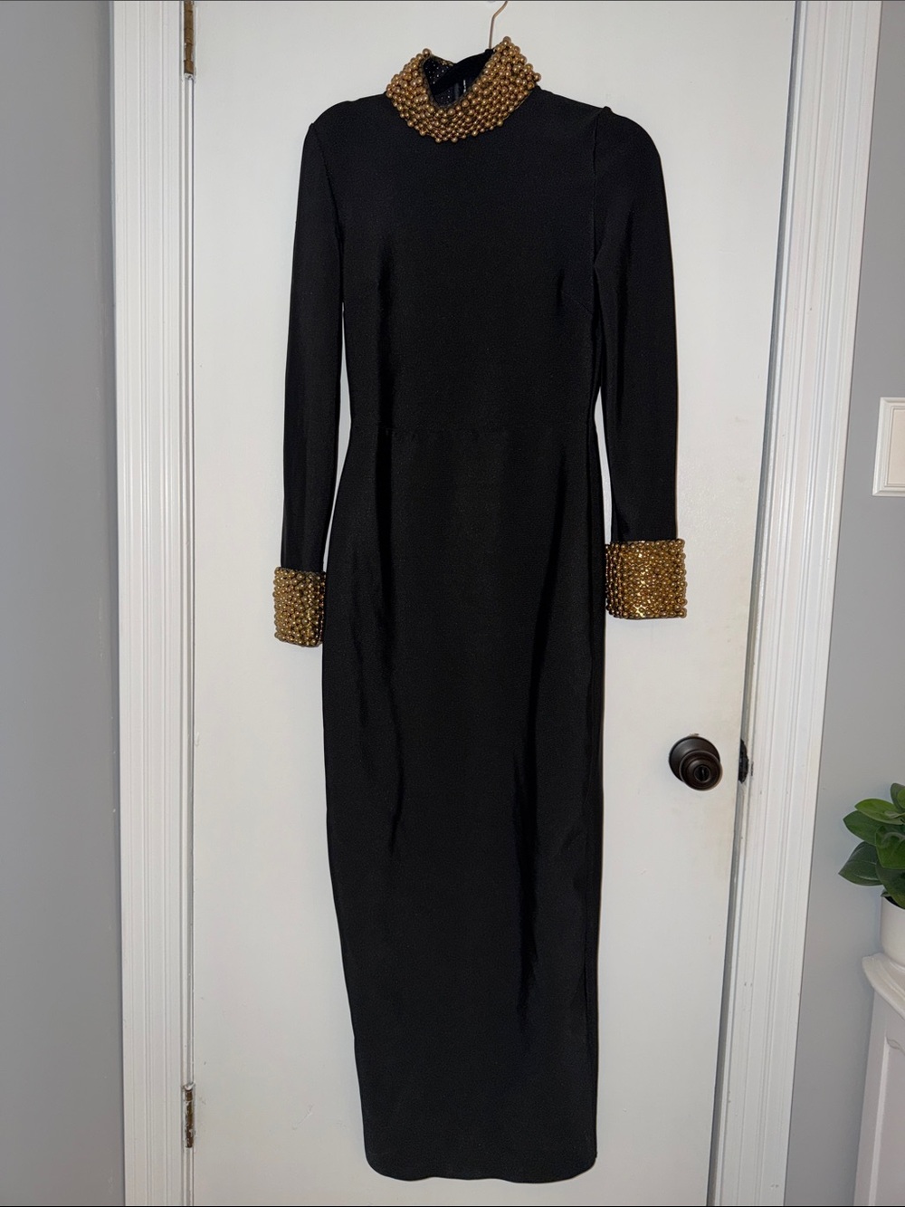 NWT novaluxe- size mBlack Long Sleeve Dress with Gold Beaded Collar and Cuffs